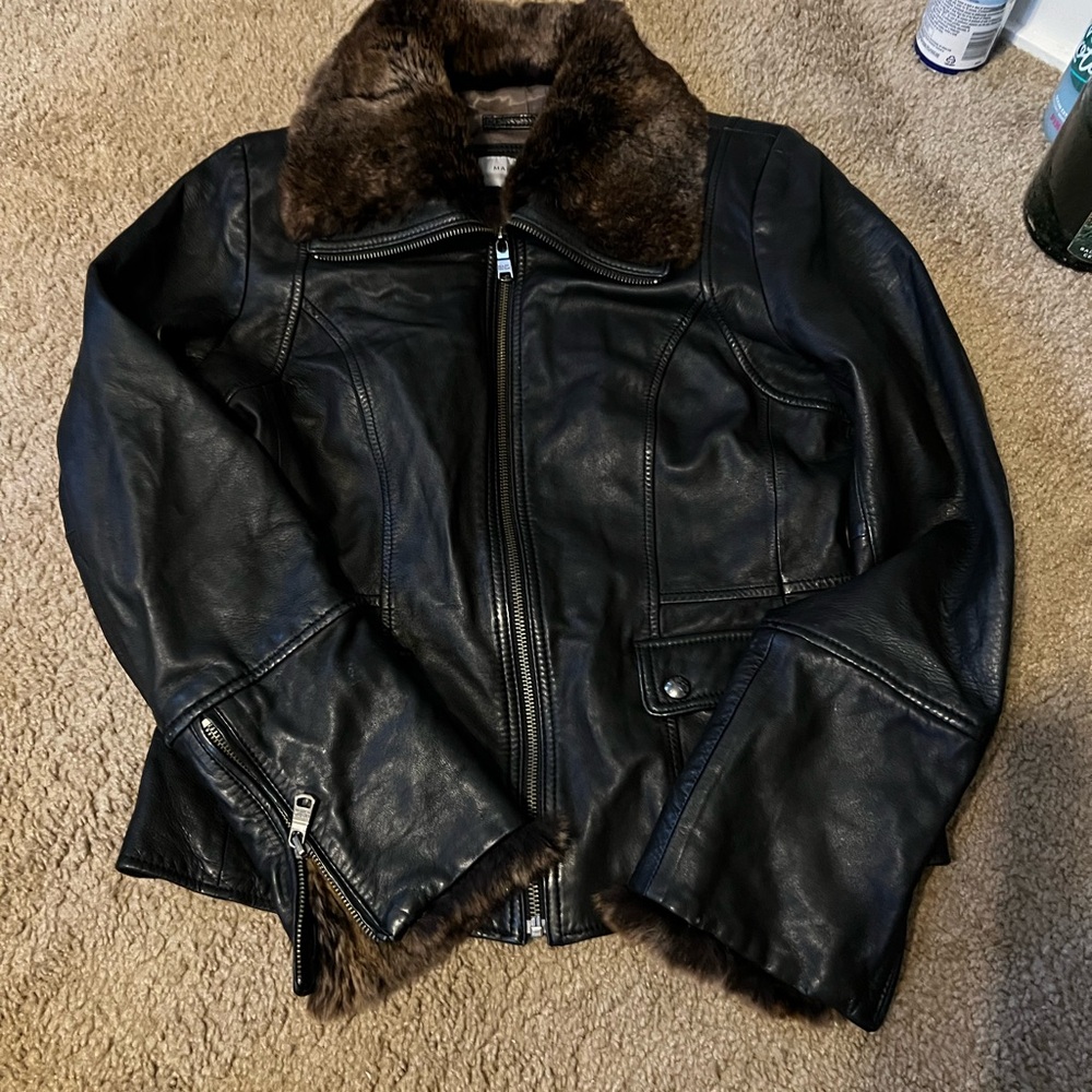 Marc New York Black Leather Jacket with Brown Fur Trim